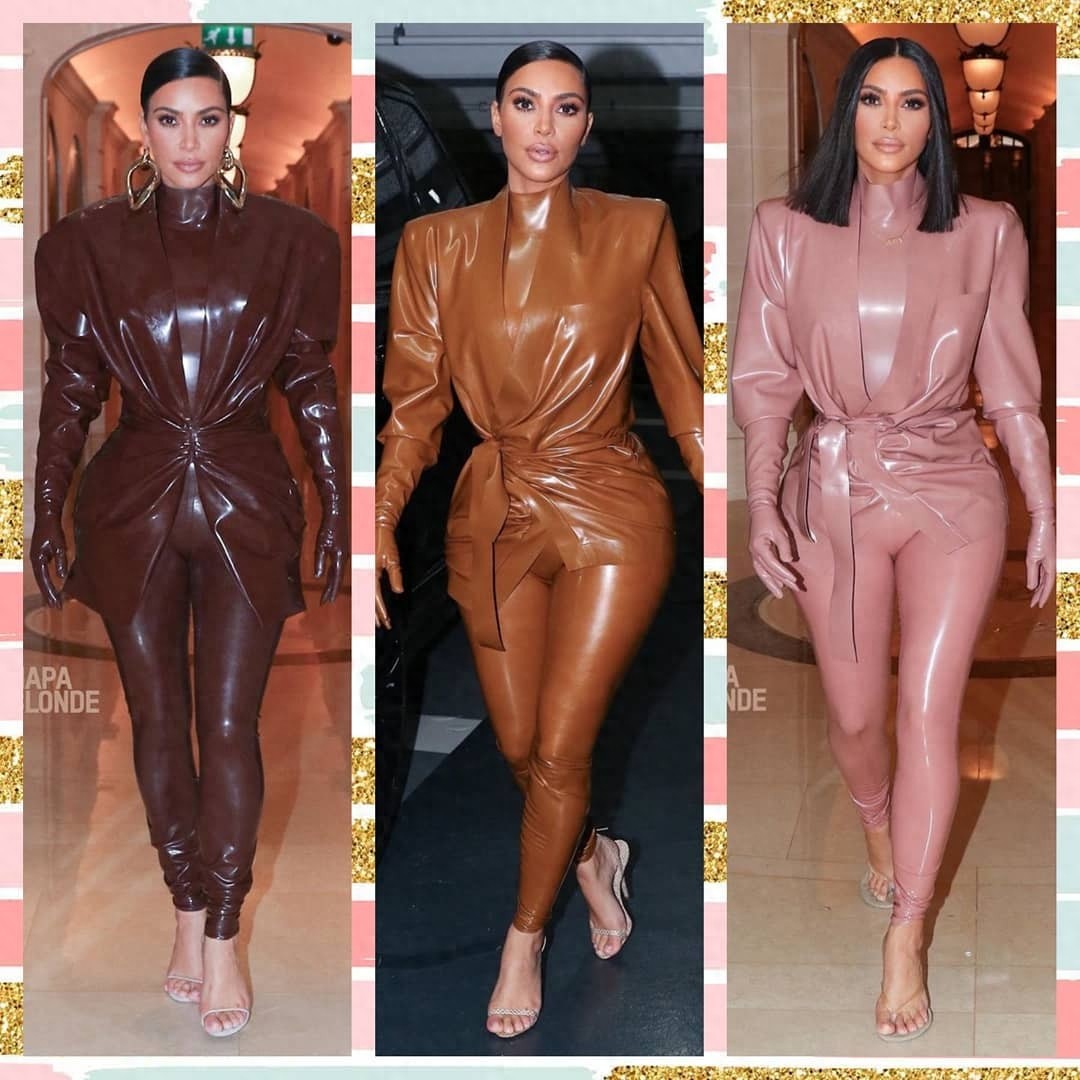 卡戴珊巴黎三套乳胶衣秀衣品,腰身纤细但大垫肩坑人,肩比老公宽